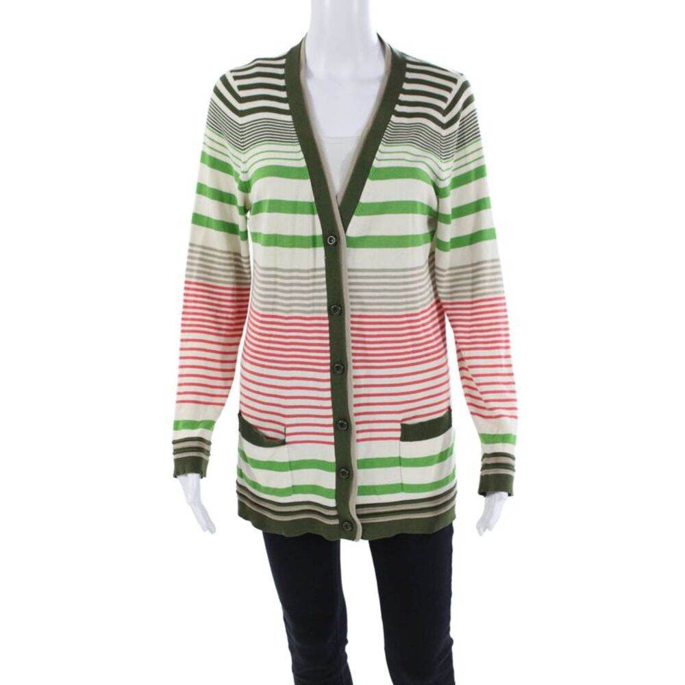 Milly Womens Button Front Striped Silk Knit Cardigan Sweater White Multi Large